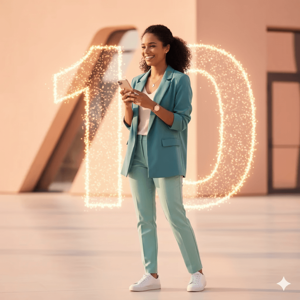 Woman using her phone with a glowing number 10 in the background, symbolizing LeoCompare's campaign — It Only Takes 10 Seconds to Make Smarter Financial Choices.